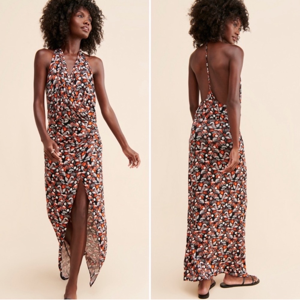 Free People Daria Halter Maxi Dress Black Orange Low Back Wrap Slit Plun…